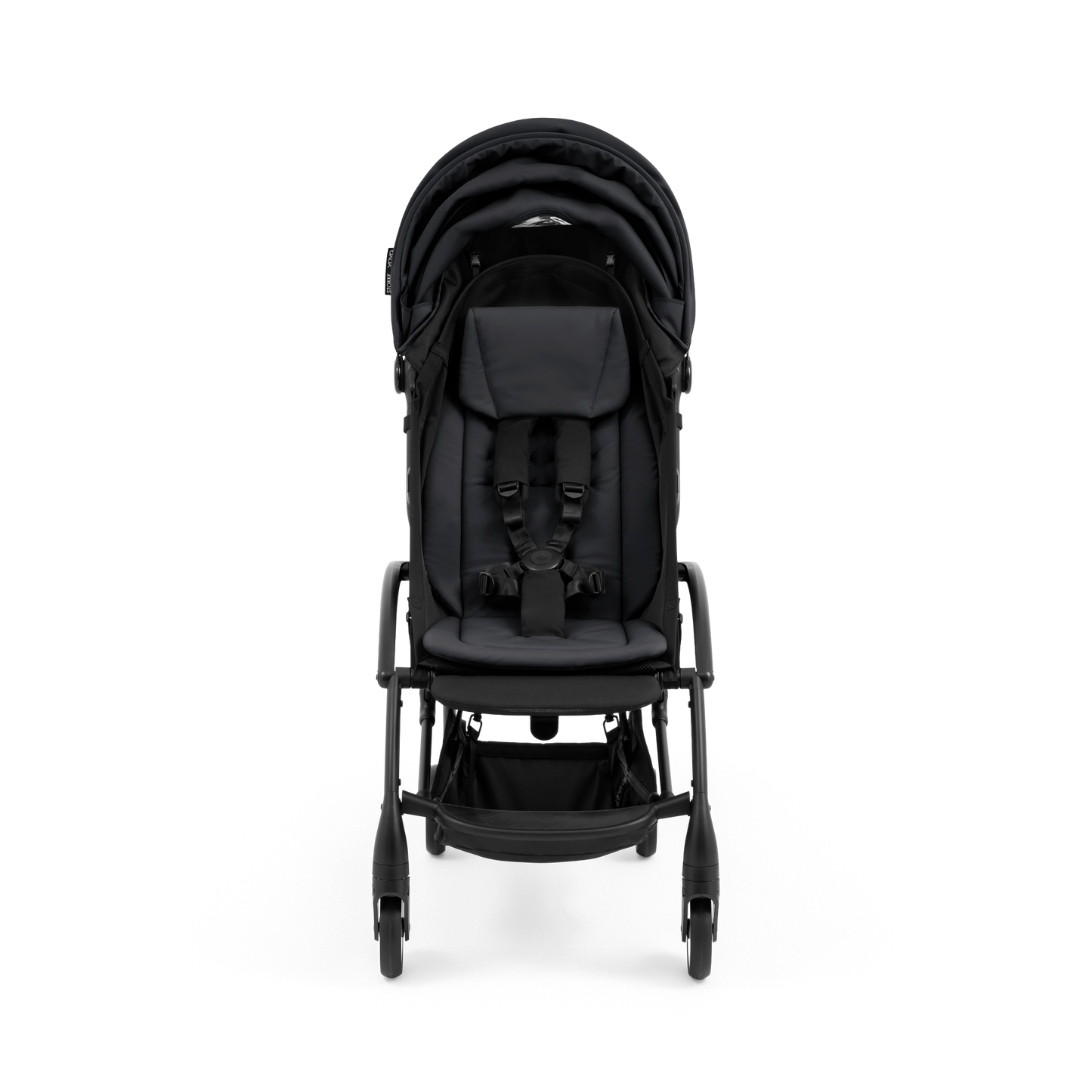 A compact yoyo 5 stroller with a black canopy and seat lining, a black frame, and black wheels, shown on a plain white background.