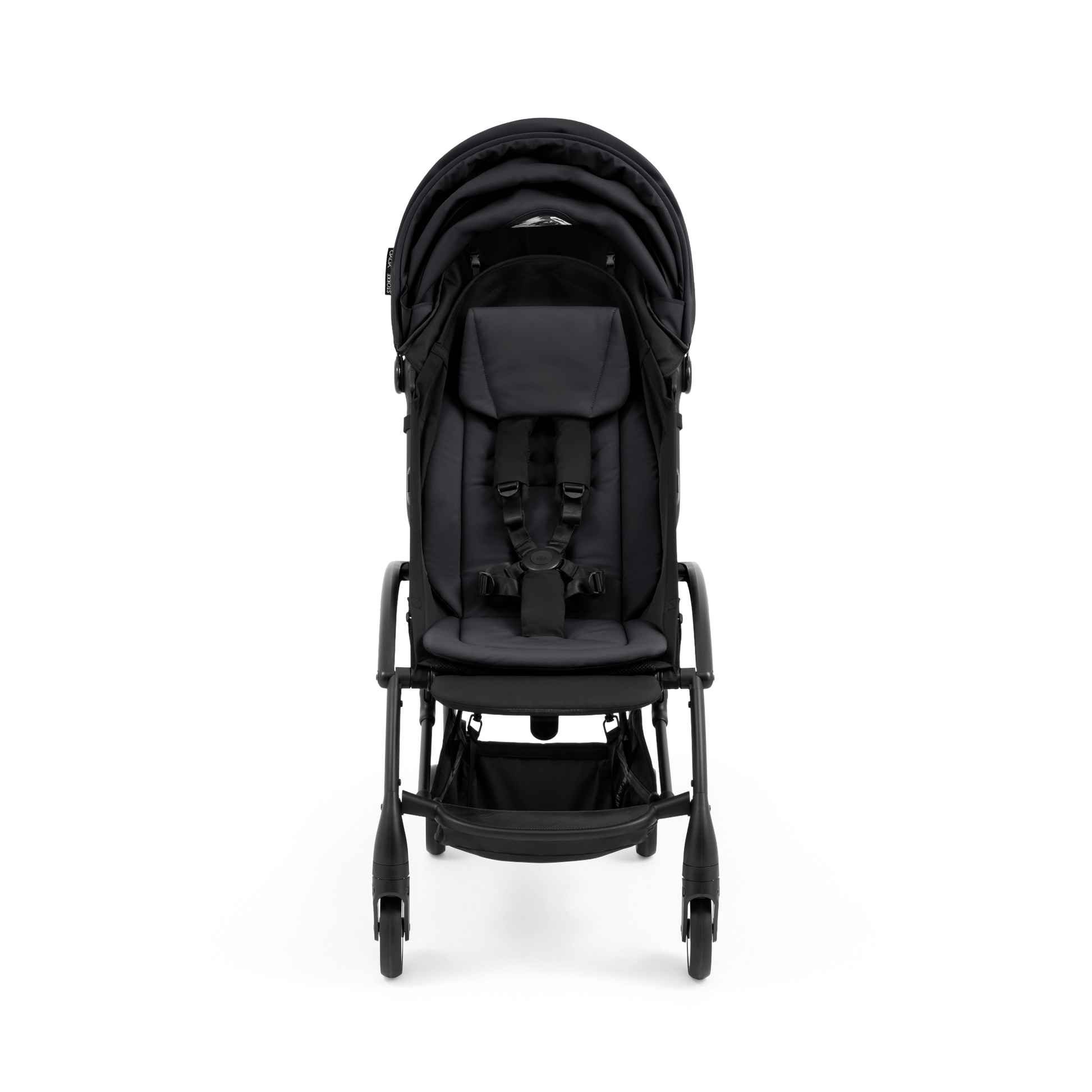 A compact yoyo 5 stroller with a black canopy and seat lining, a black frame, and black wheels, shown on a plain white background.