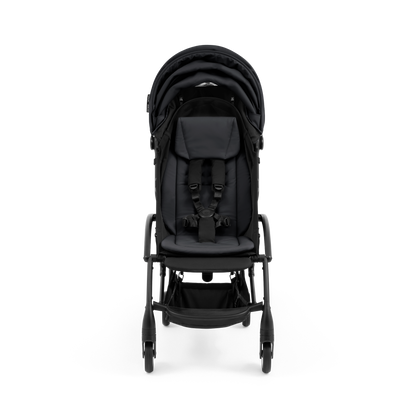 A compact yoyo 5 stroller with a black canopy and seat lining, a black frame, and black wheels, shown on a plain white background.