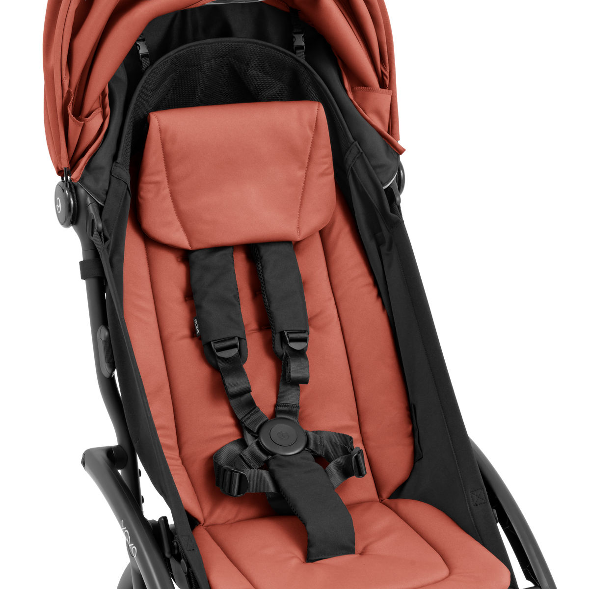 A compact yoyo 5 stroller with a rust-orange canopy and seat lining, a black frame, and black wheels, shown on a plain white background.