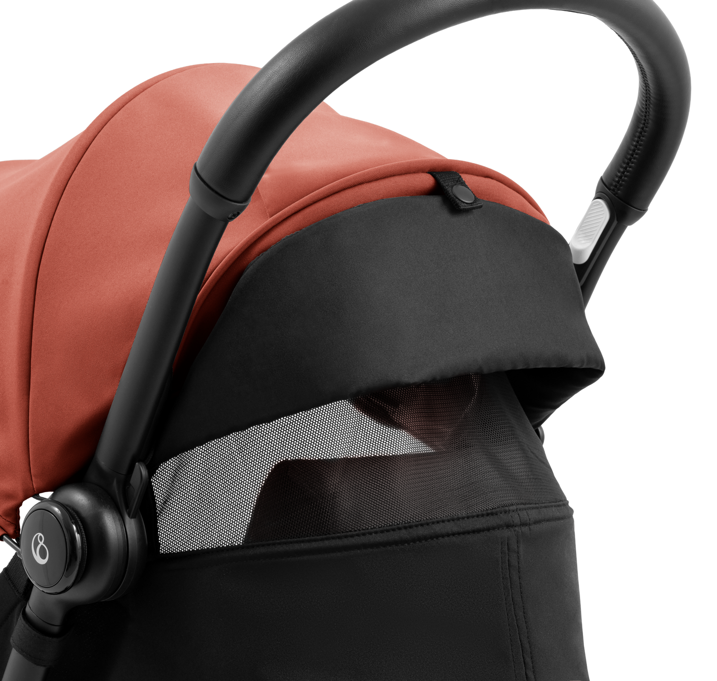 A compact yoyo 5 stroller with a rust-orange canopy and seat lining, a black frame, and black wheels, shown on a plain white background.