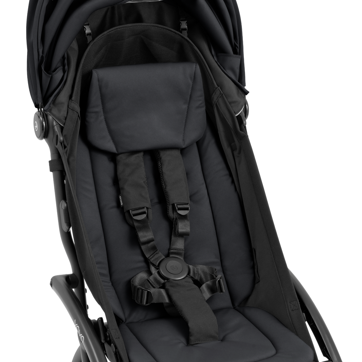 A compact yoyo 5 stroller with a black canopy and seat lining, a black frame, and black wheels, shown on a plain white background.