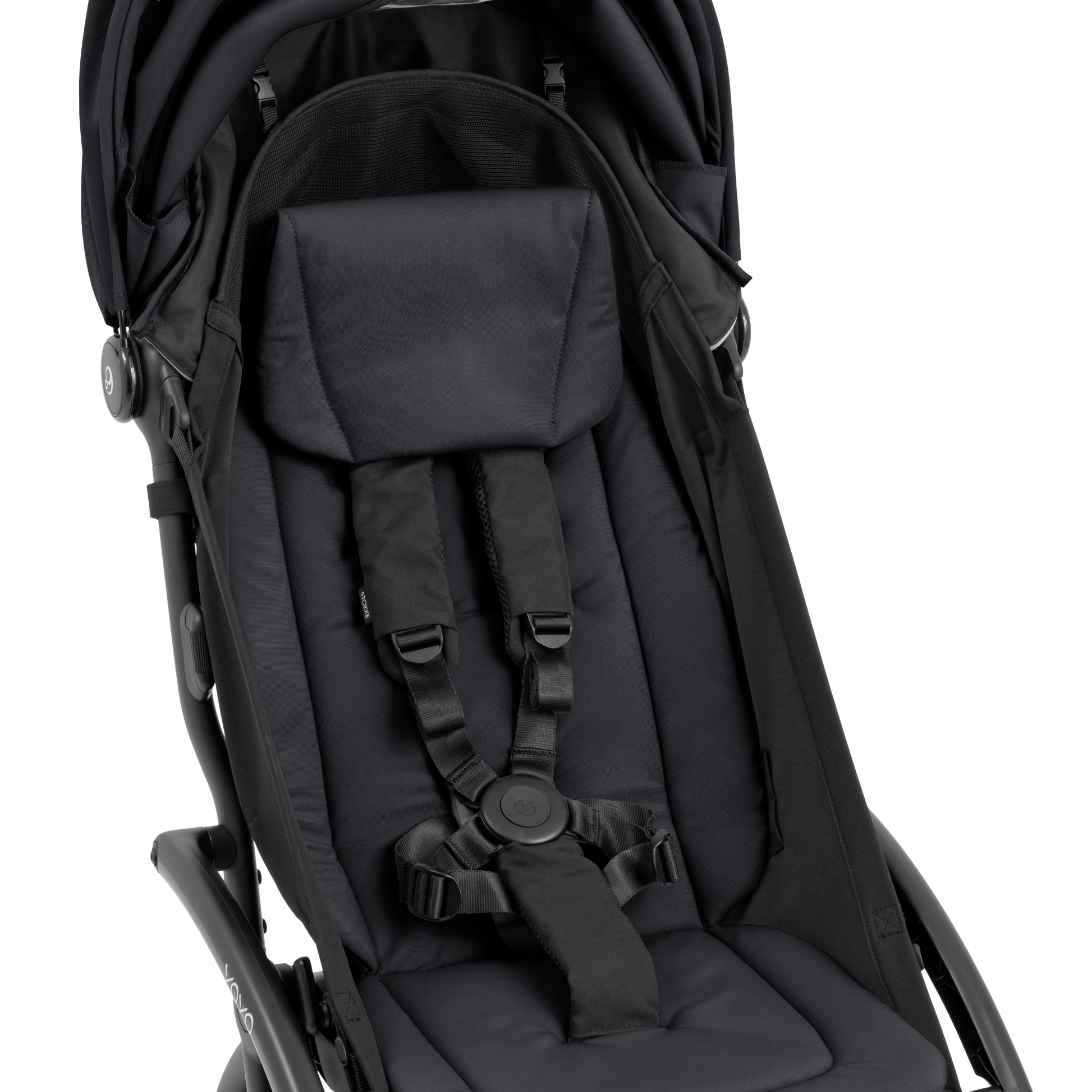 A compact yoyo 5 stroller with a black canopy and seat lining, a black frame, and black wheels, shown on a plain white background.