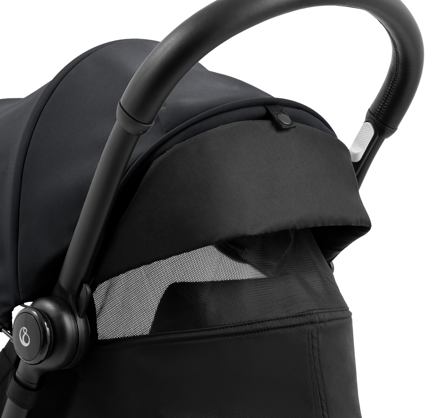 A compact yoyo 5 stroller with a black canopy and seat lining, a black frame, and black wheels, shown on a plain white background.