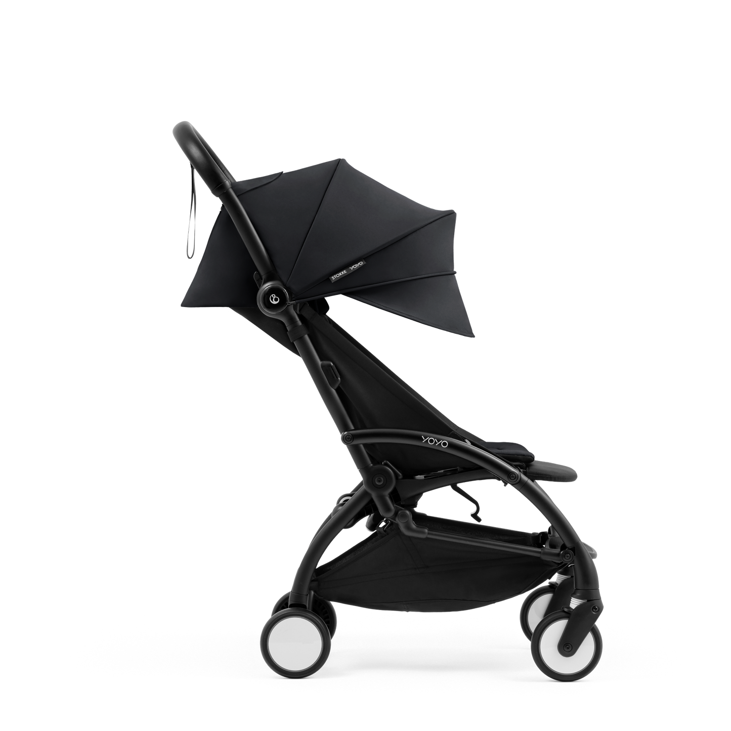 A compact yoyo 5 stroller with a black canopy and seat lining, a black frame, and black wheels, shown on a plain white background.