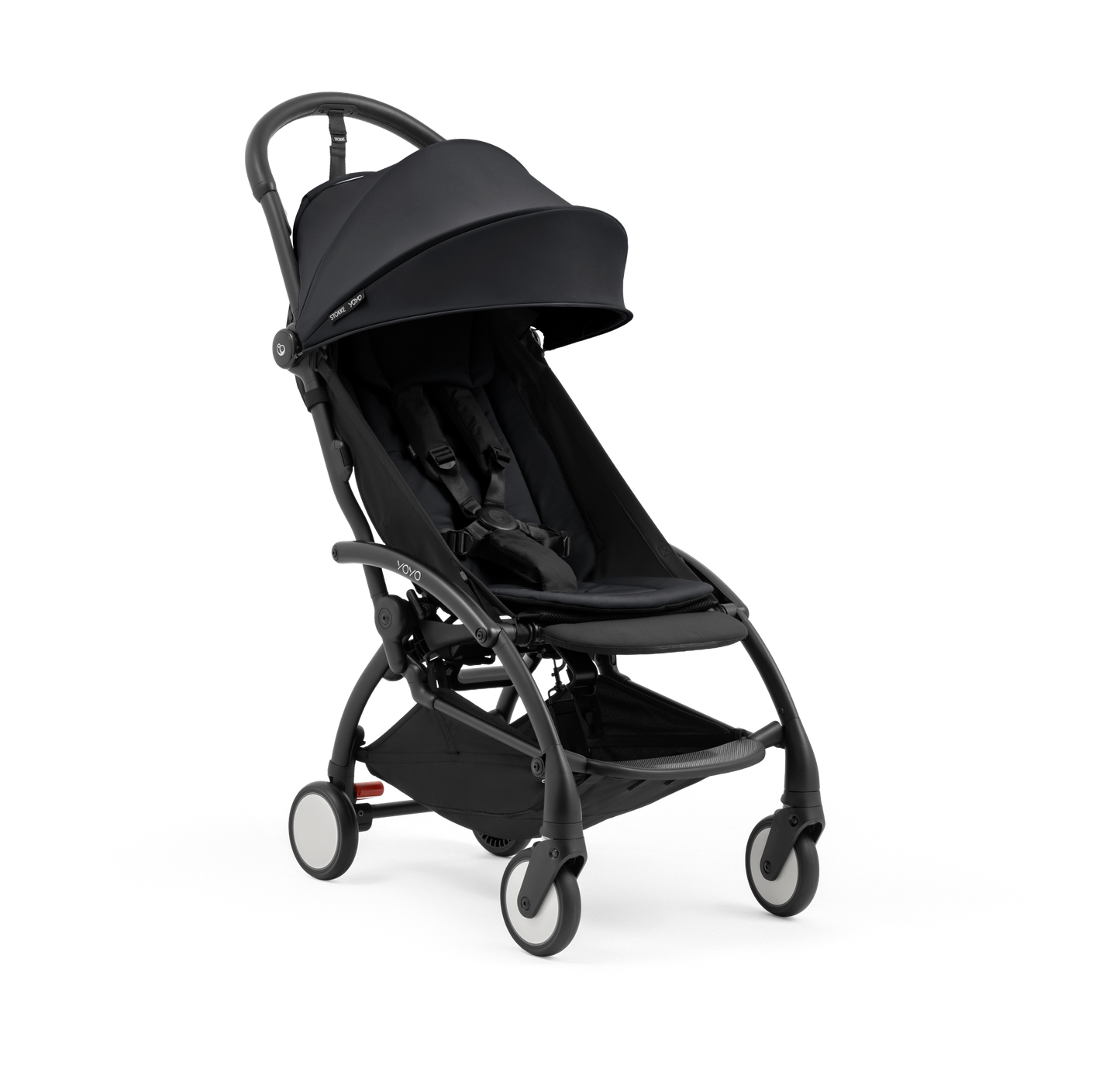 A compact yoyo 5 stroller with a black canopy and seat lining, a black frame, and black wheels, shown on a plain white background.