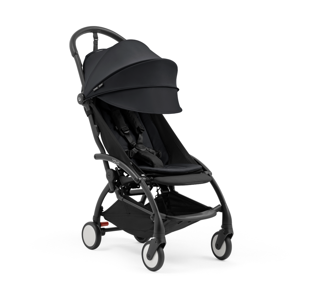 A compact yoyo 5 stroller with a black canopy and seat lining, a black frame, and black wheels, shown on a plain white background.