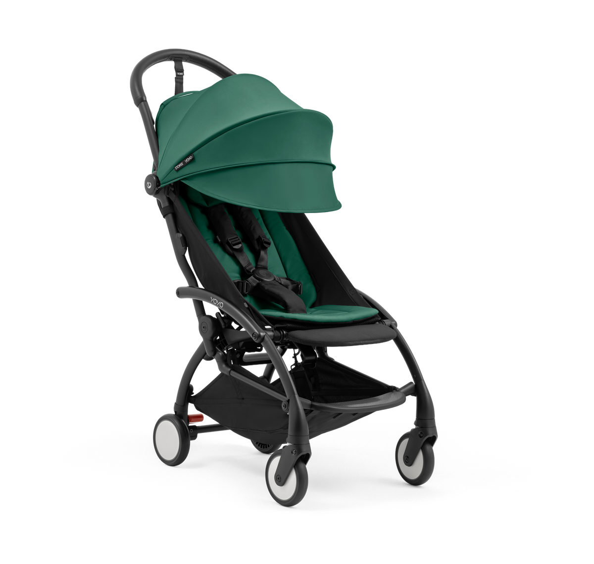 A compact yoyo 5 stroller with a green canopy and seat lining, a black frame, and black wheels, shown on a plain white background.