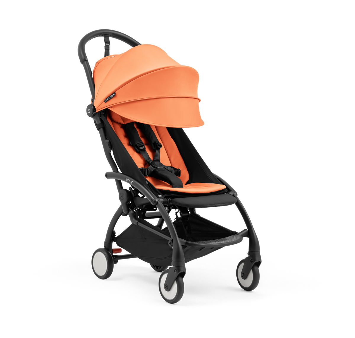 A compact yoyo 5 stroller with a peach orange canopy and seat lining, a black frame, and black wheels, shown on a plain white background.
