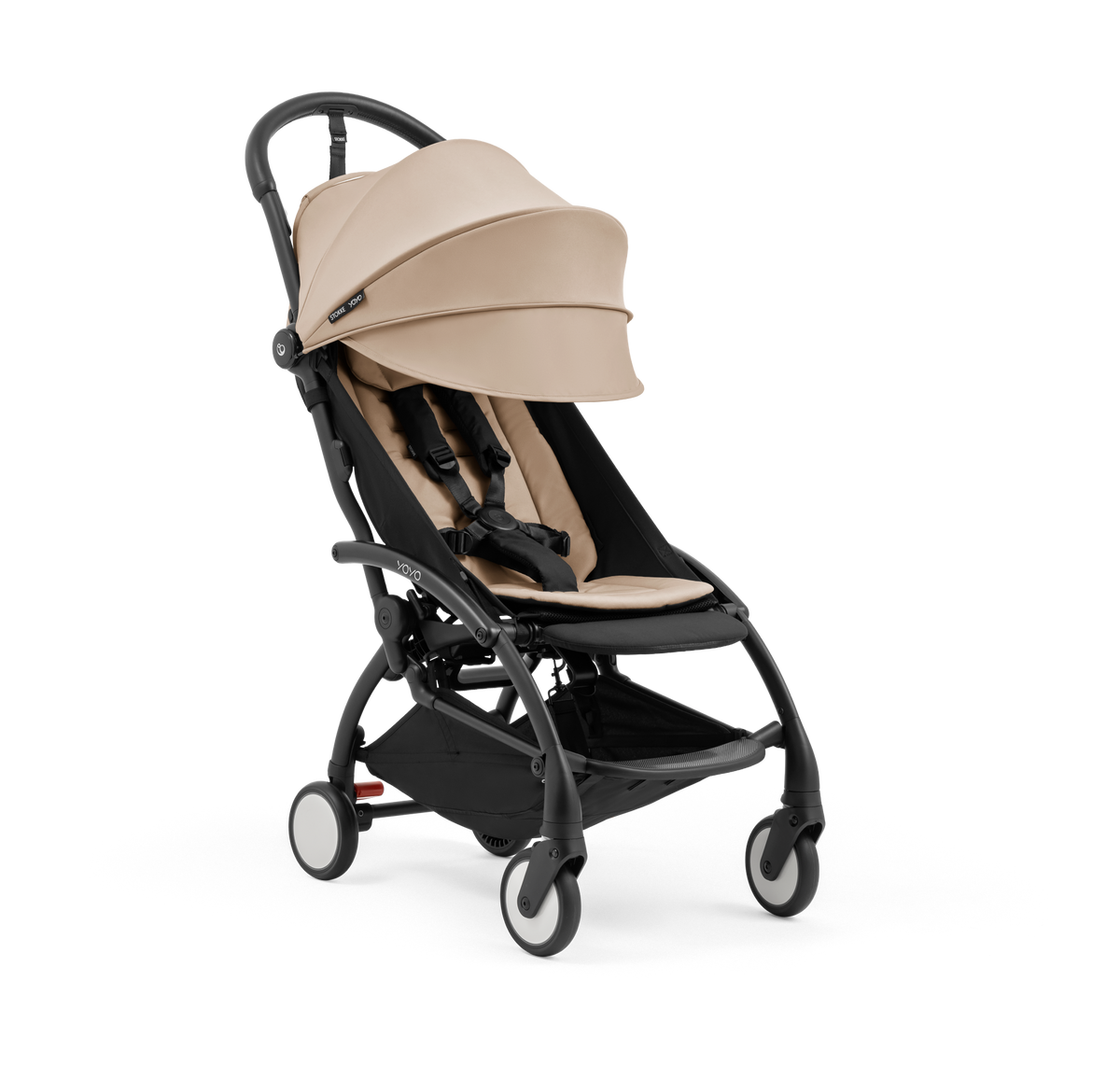 A compact yoyo 5 stroller with a beige canopy and seat lining, a black frame, and black wheels, shown on a plain white background.