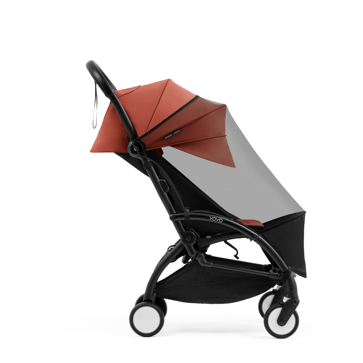 STOKKE YOYO insect net shown on a stroller with seat pack.