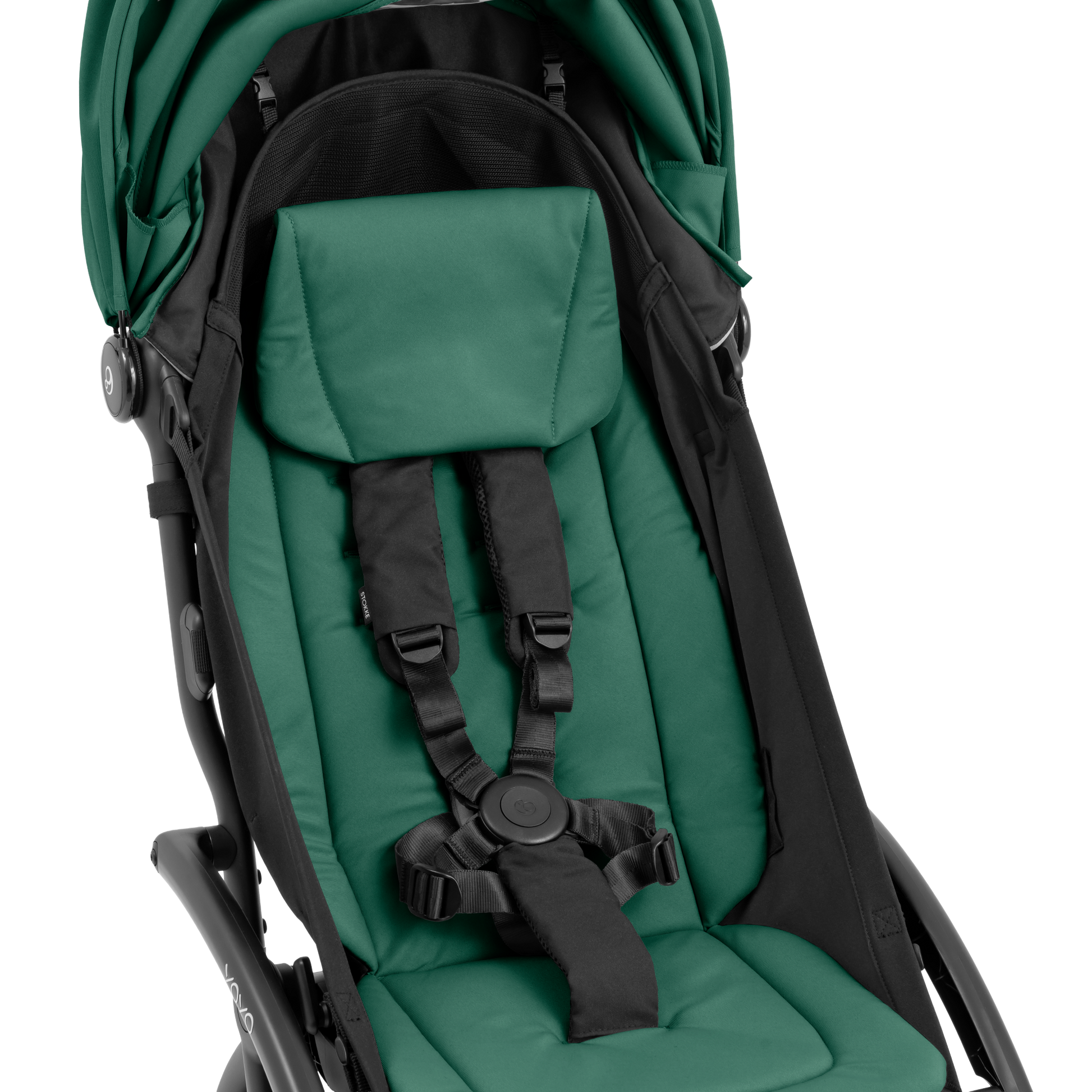 A compact baby stroller with a dark green canopy and dark green padded seat, with a blacked out chassis, shown on a plain white background.