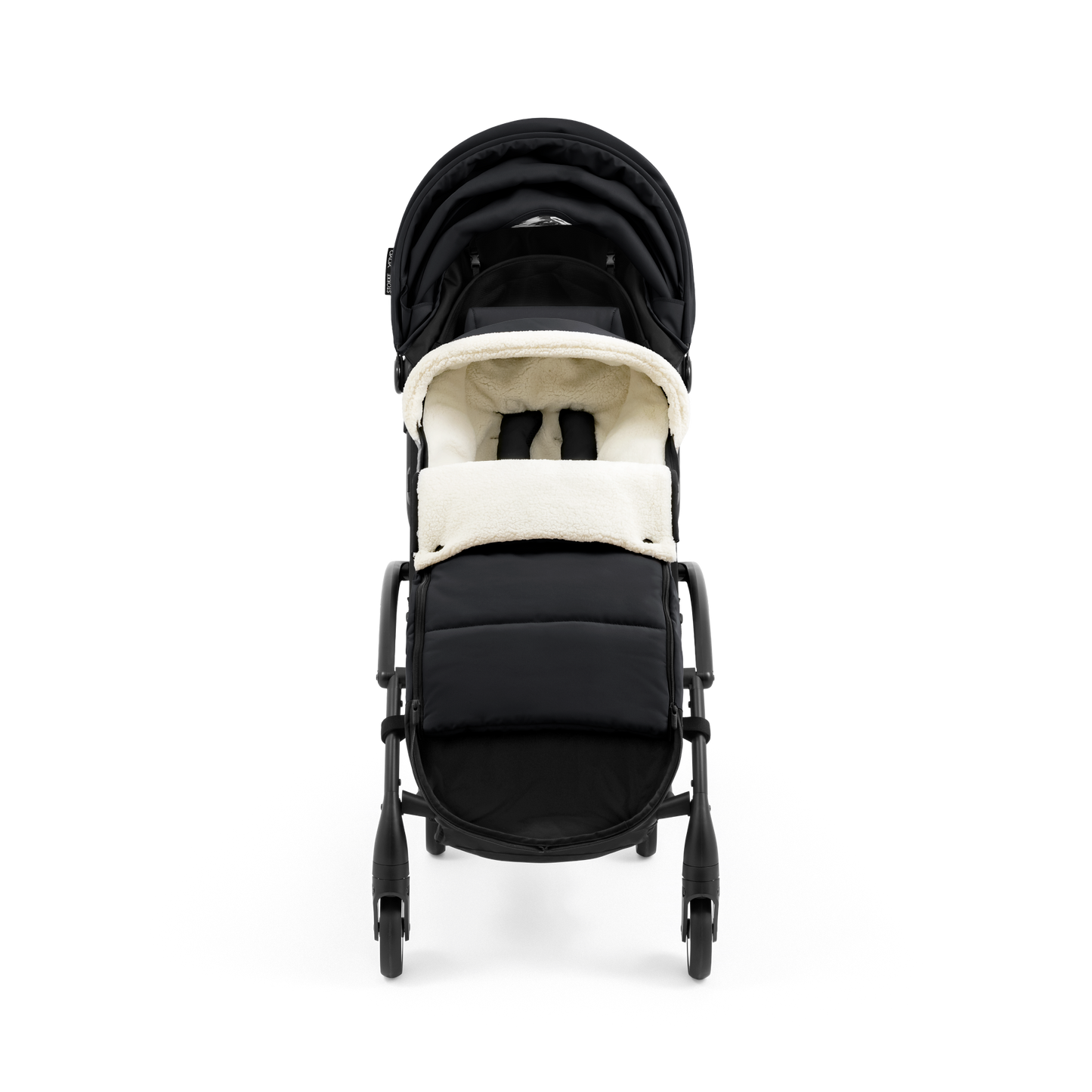 A stroller with a black colored padded footmuff, cream fleece lining, and a black frame, shown from the front on a white background.