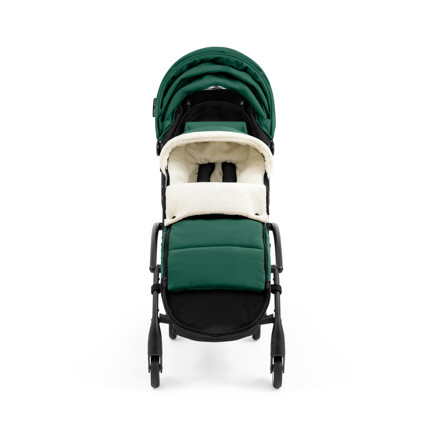 A stroller with a forest green colored padded footmuff, cream fleece lining, and a black frame, shown from the front on a white background.