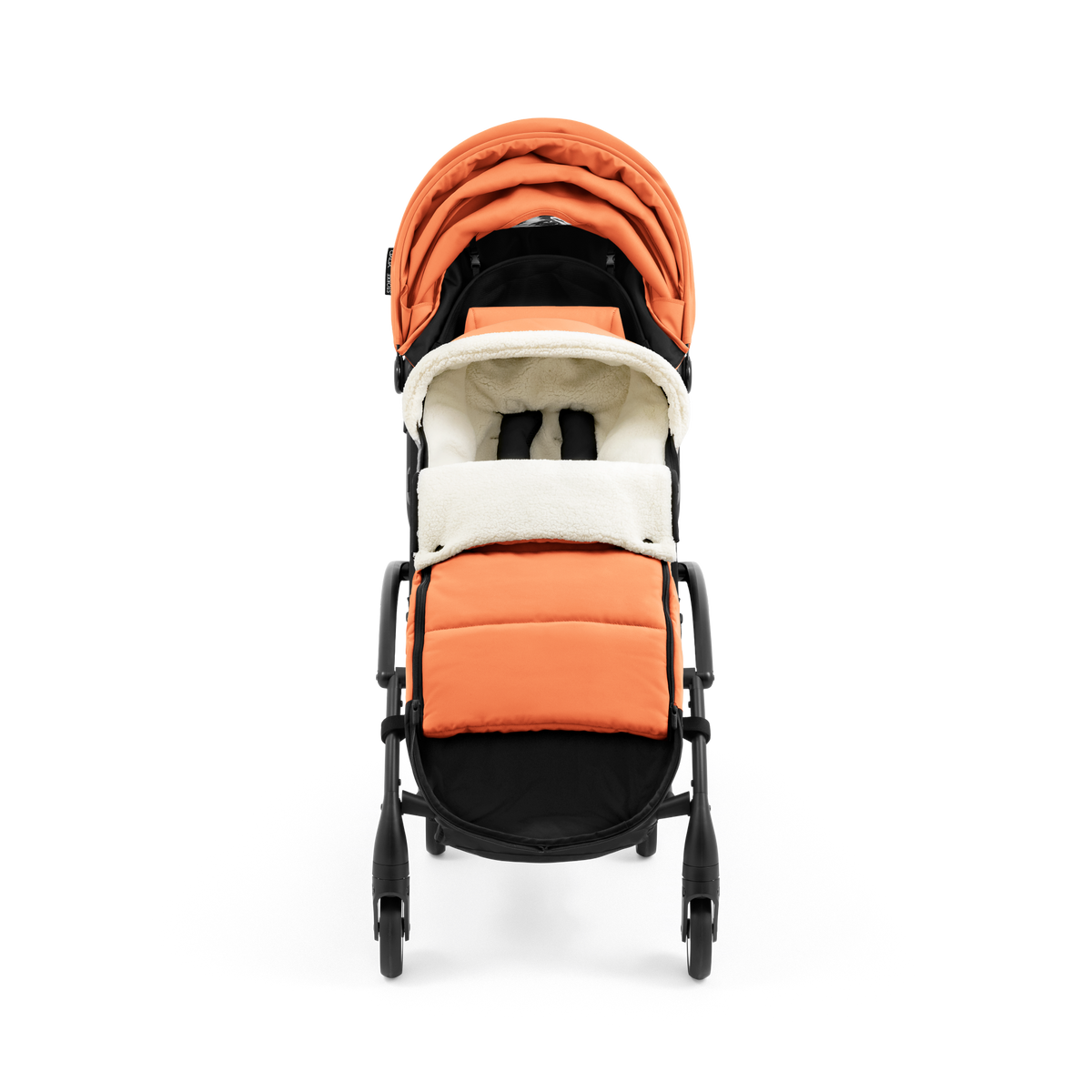 A stroller with a orange colored padded footmuff, cream fleece lining, and a black frame, shown from the front on a white background.
