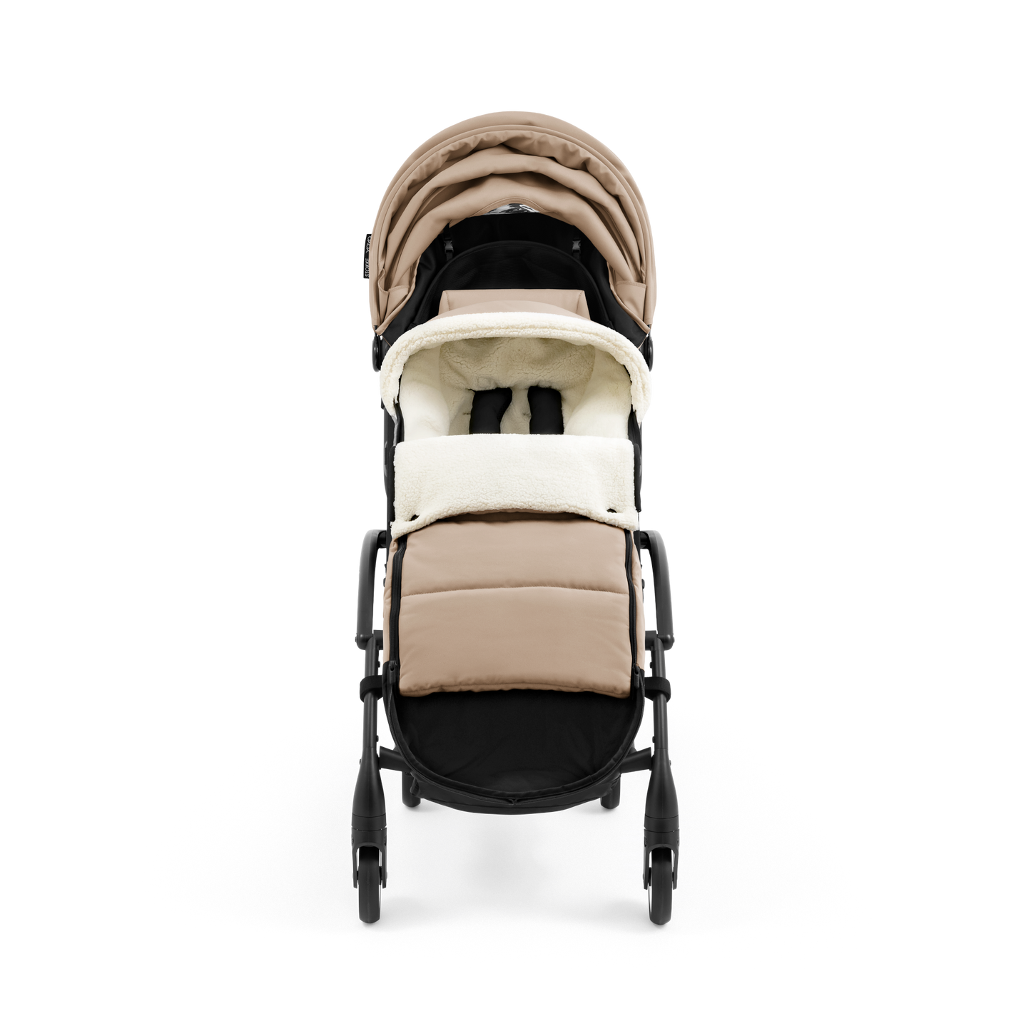 A stroller with a beige colored padded footmuff, cream fleece lining, and a black frame, shown from the front on a white background.