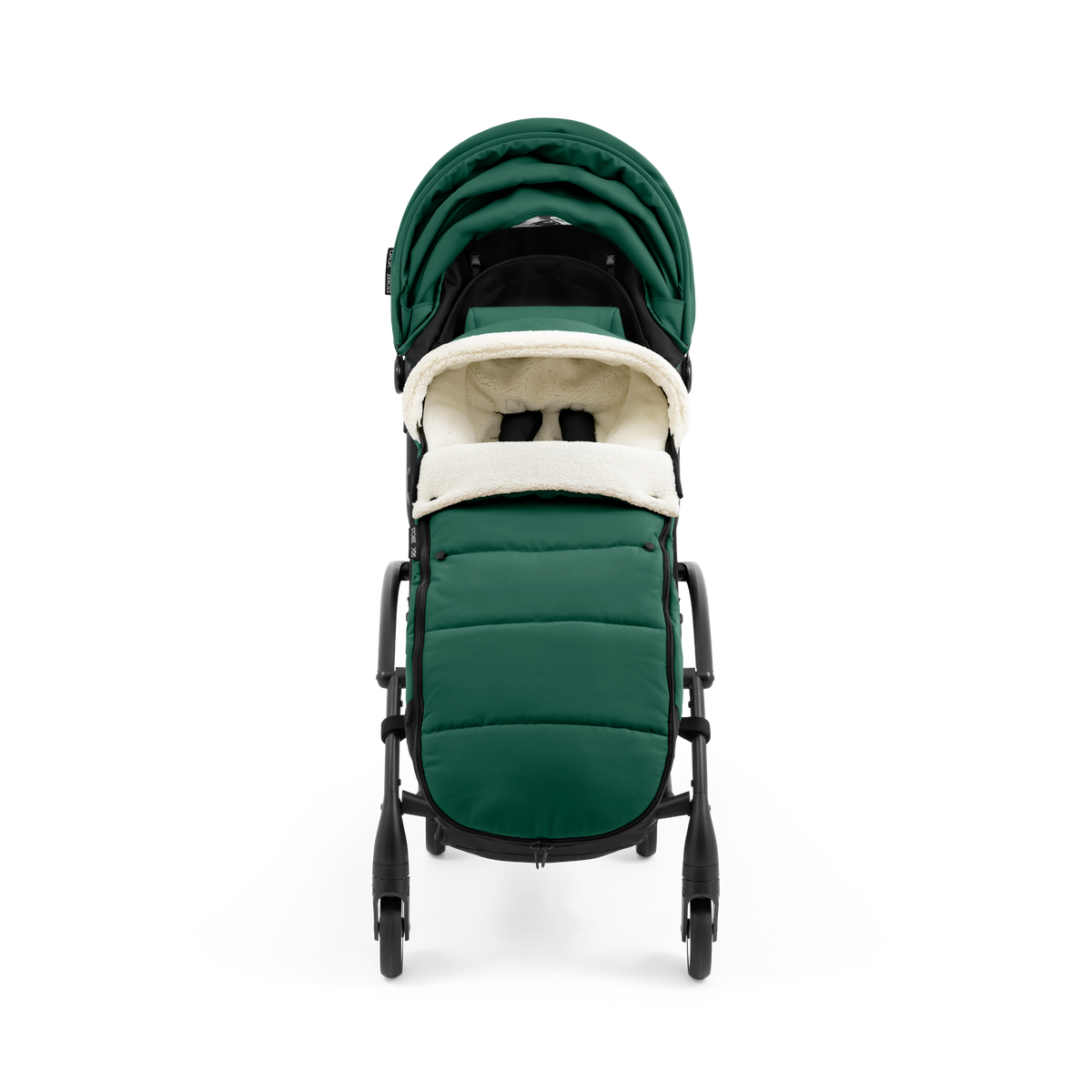 A stroller with a forest green colored padded footmuff, cream fleece lining, and a black frame, shown from the front on a white background.