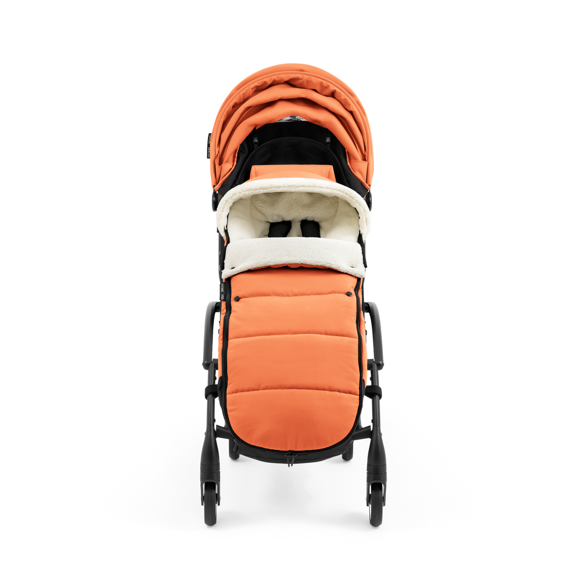 A stroller with a orange colored padded footmuff, cream fleece lining, and a black frame, shown from the front on a white background.