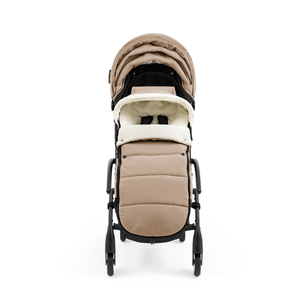 A stroller with a beige colored padded footmuff, cream fleece lining, and a black frame, shown from the front on a white background.