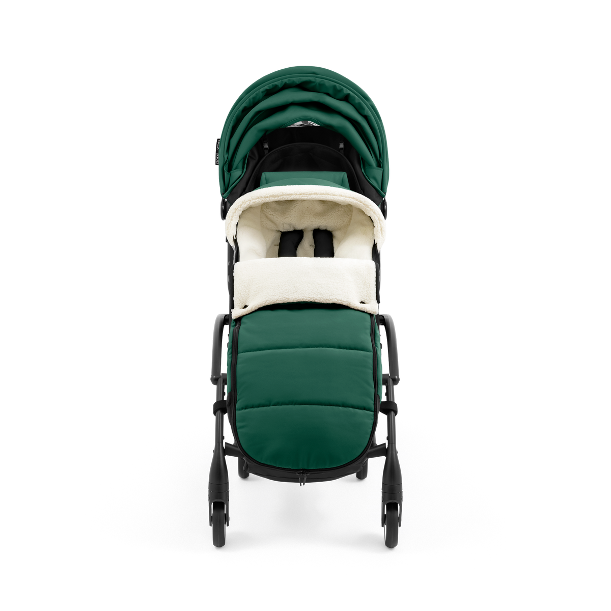 A stroller with a forest green colored padded footmuff, cream fleece lining, and a black frame, shown from the front on a white background.