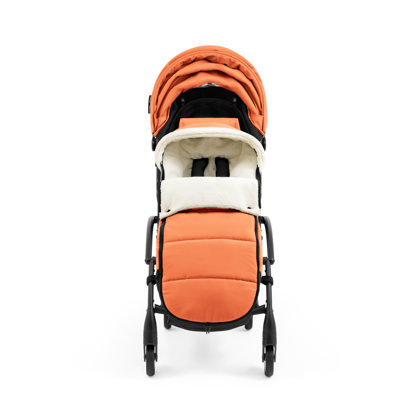 A stroller with a orange colored padded footmuff, cream fleece lining, and a black frame, shown from the front on a white background.