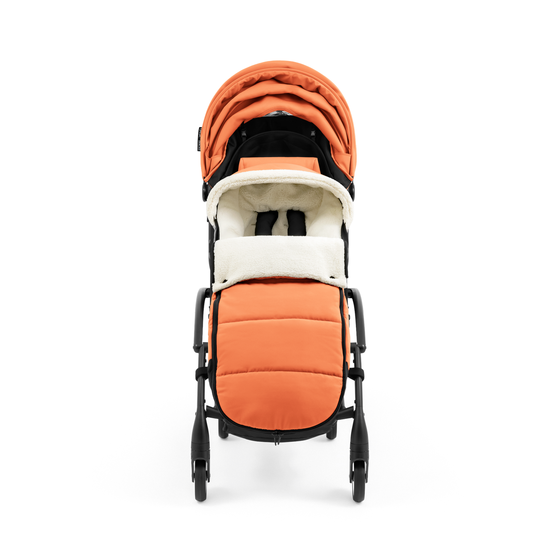 A stroller with a orange colored padded footmuff, cream fleece lining, and a black frame, shown from the front on a white background.