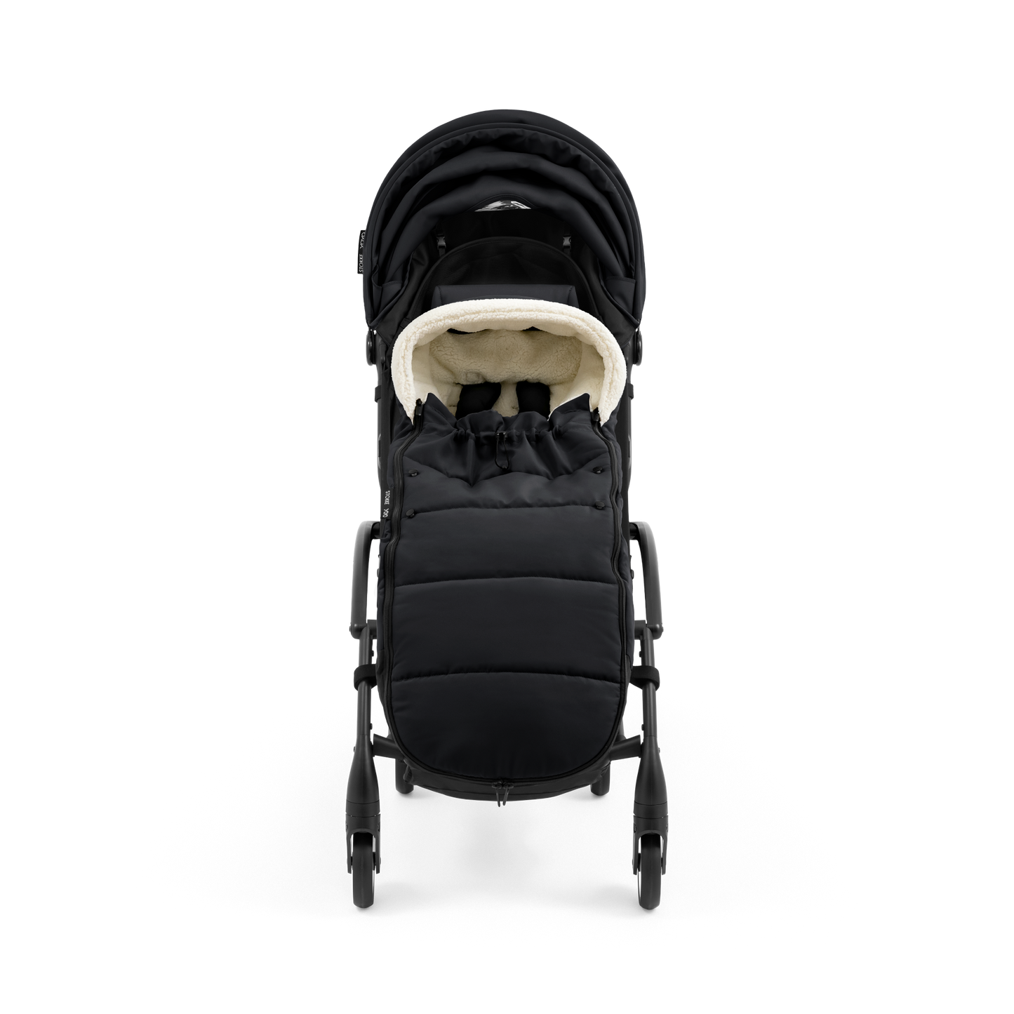 A stroller with a black colored padded footmuff, cream fleece lining, and a black frame, shown from the front on a white background.