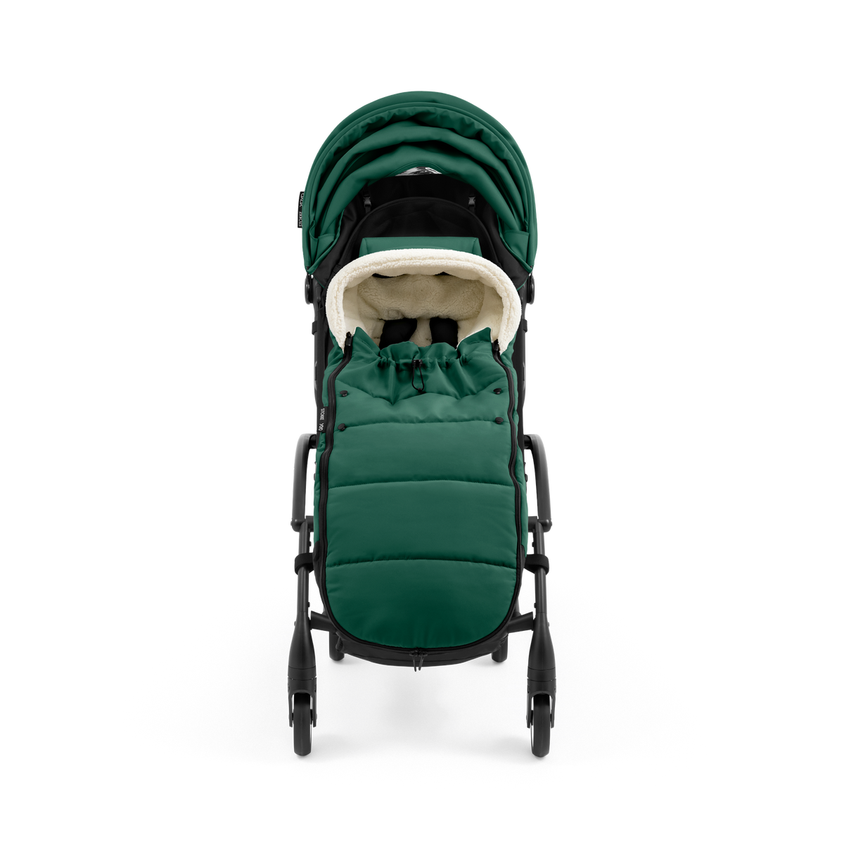 A stroller with a forest green colored padded footmuff, cream fleece lining, and a black frame, shown from the front on a white background.