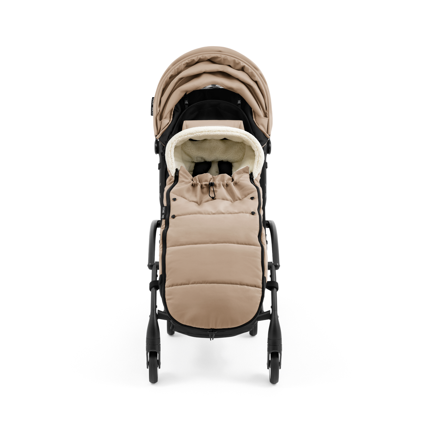 A stroller with a beige colored padded footmuff, cream fleece lining, and a black frame, shown from the front on a white background.