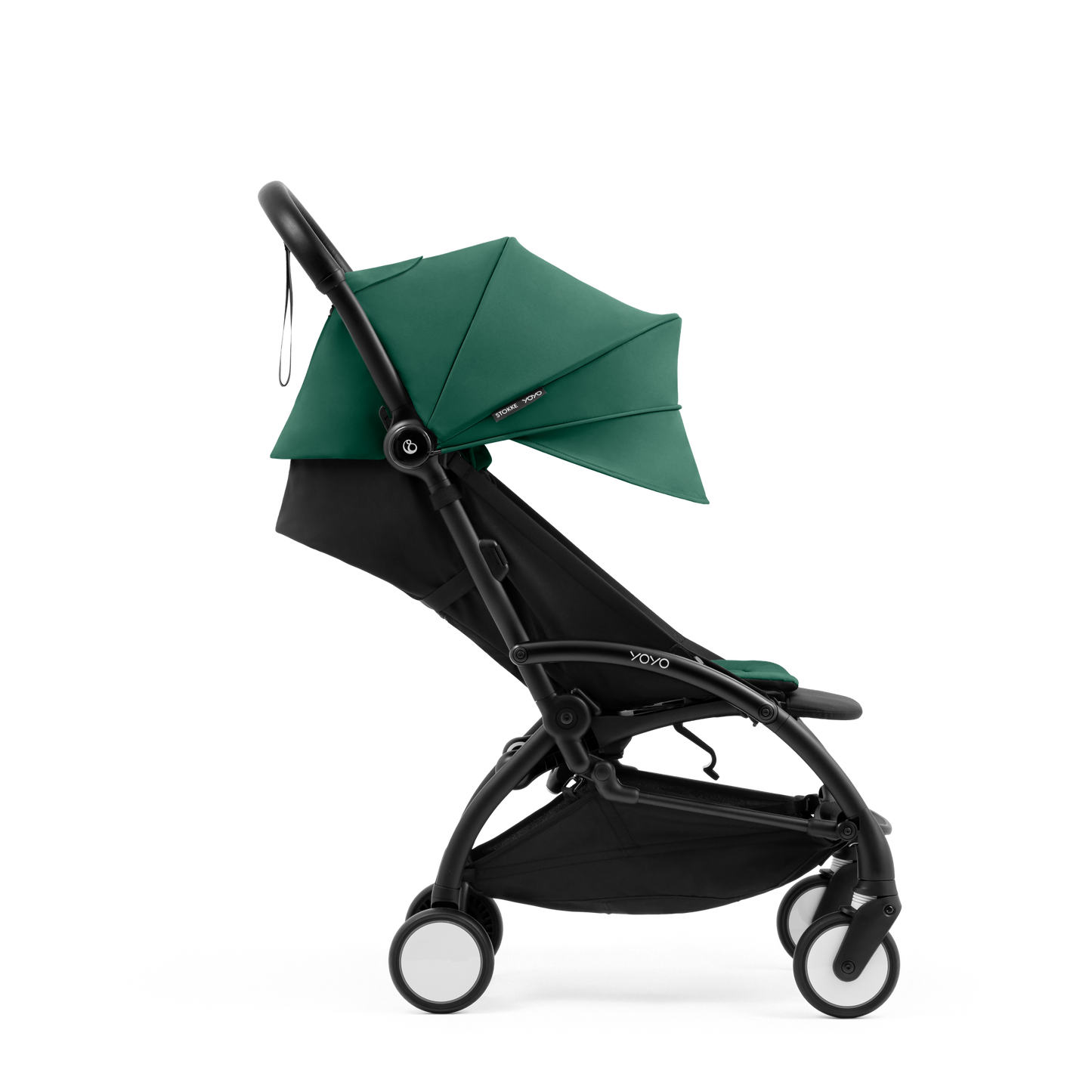 A compact yoyo 5 stroller with a green canopy and seat lining, a black frame, and black wheels, shown on a plain white background.