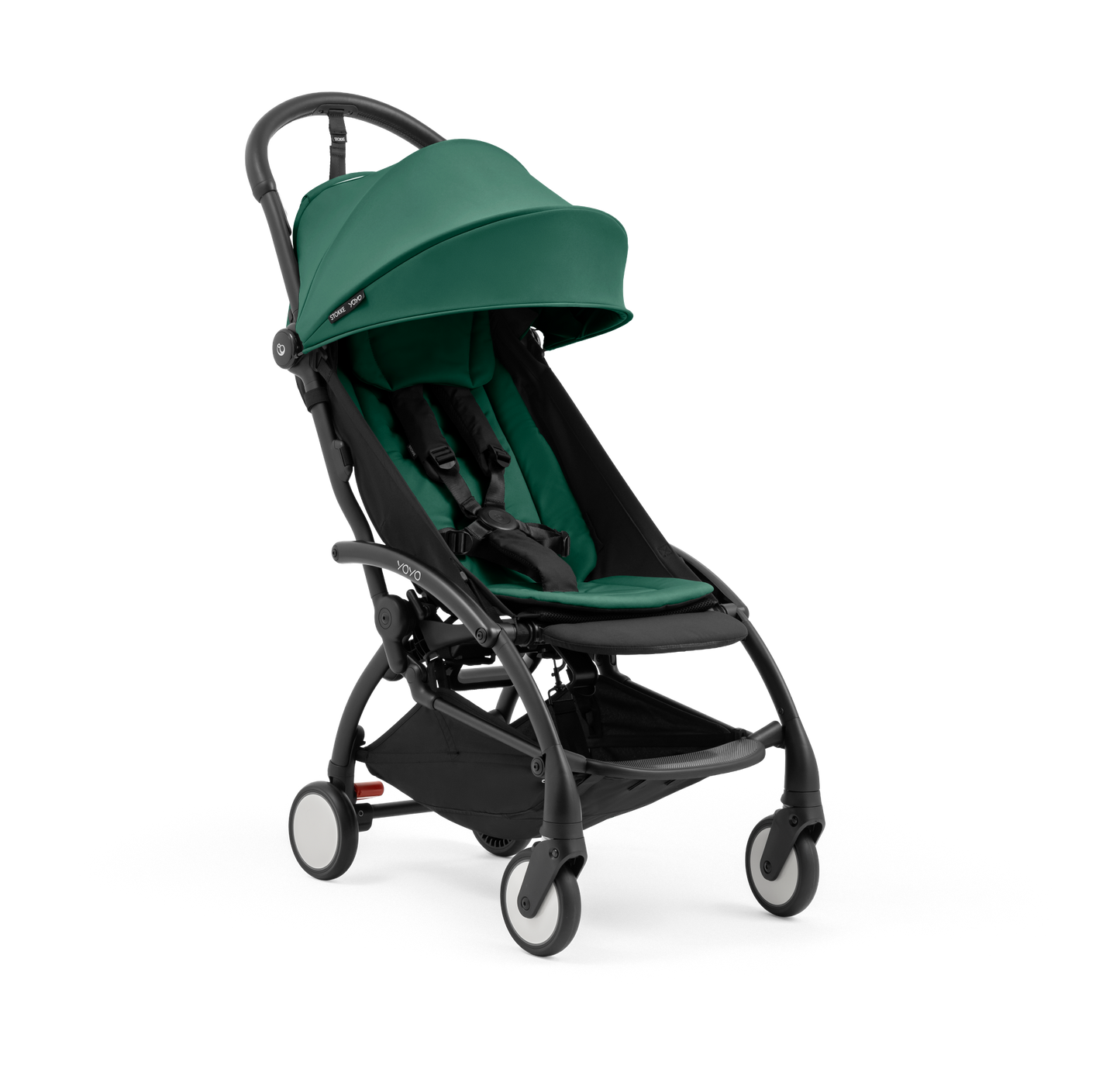 A compact yoyo 5 stroller with a green canopy and seat lining, a black frame, and black wheels, shown on a plain white background.