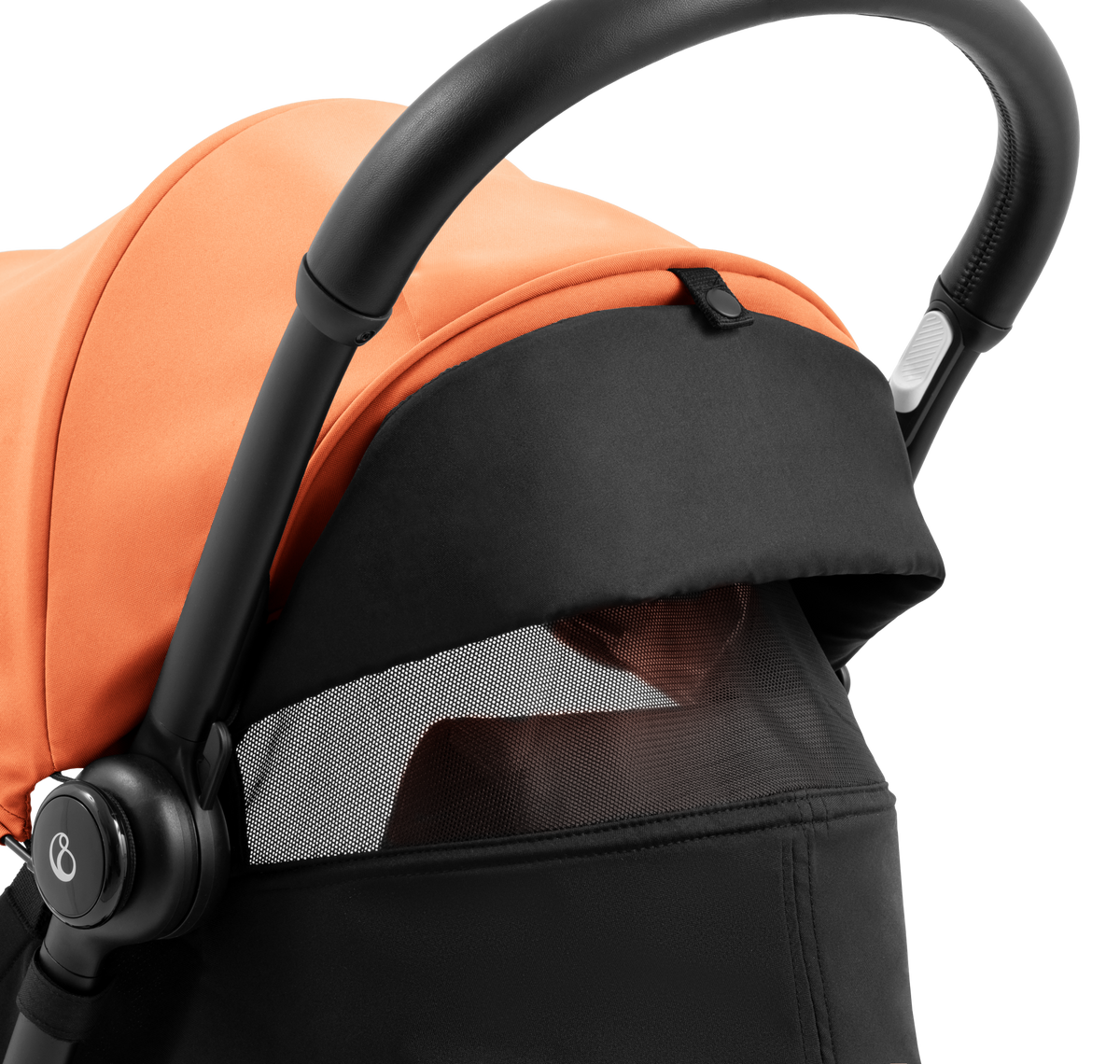 A compact yoyo 5 stroller with a peach orange canopy and seat lining, a black frame, and black wheels, shown on a plain white background.