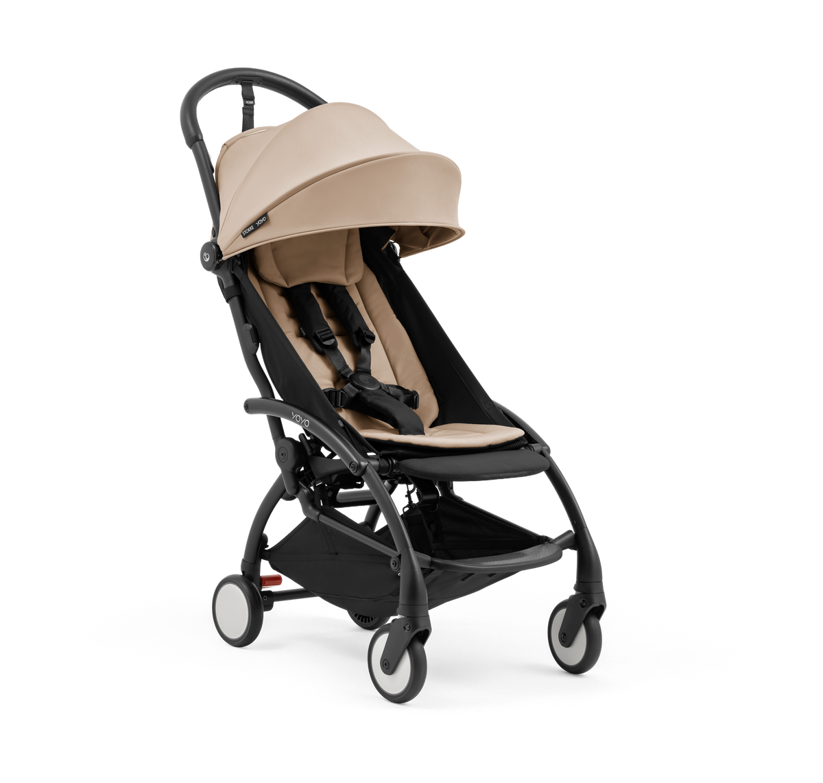 A compact yoyo 5 stroller with a beige canopy and seat lining, a black frame, and black wheels, shown on a plain white background.