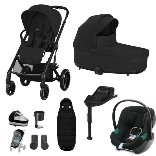 Cybex Balios travel system in moon black with aton b2 car seat and isofix base, and footmuff.