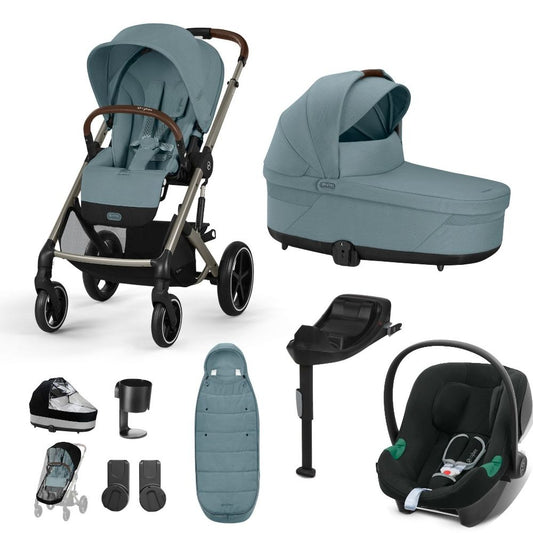 Cybex Balios travel system in stormy blue with aton b2 car seat and isofix base, and footmuff.