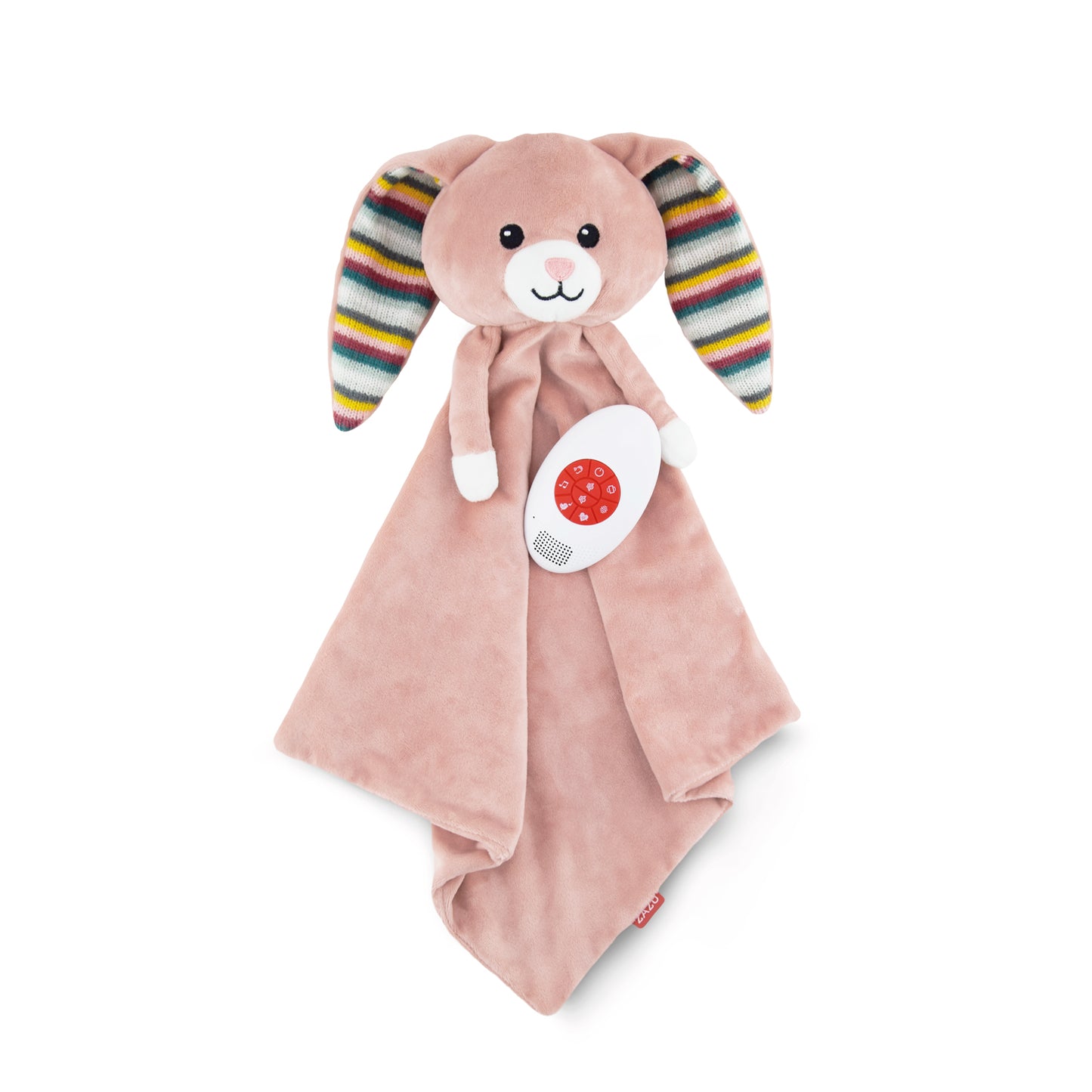 A pink bunny baby comforter with sound box.