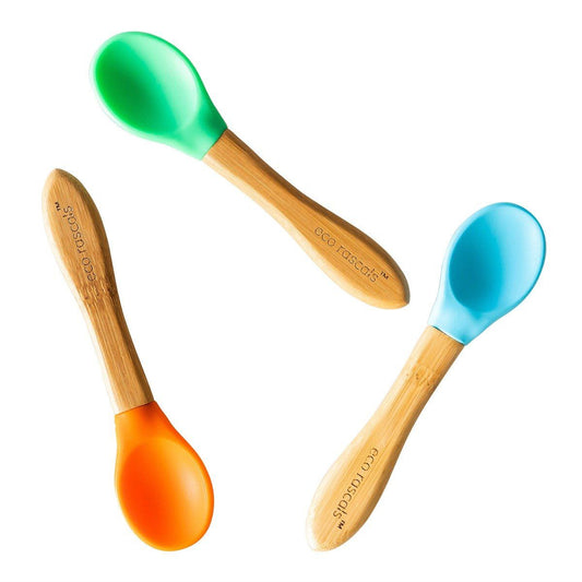 Eco rascals bamboo spoon set in orange, green and pale blue.