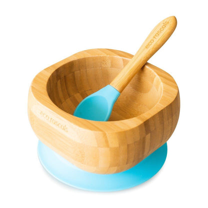 Eco rascals bamboo bowl with pale blue suction base and spoon with pale blue feeder.