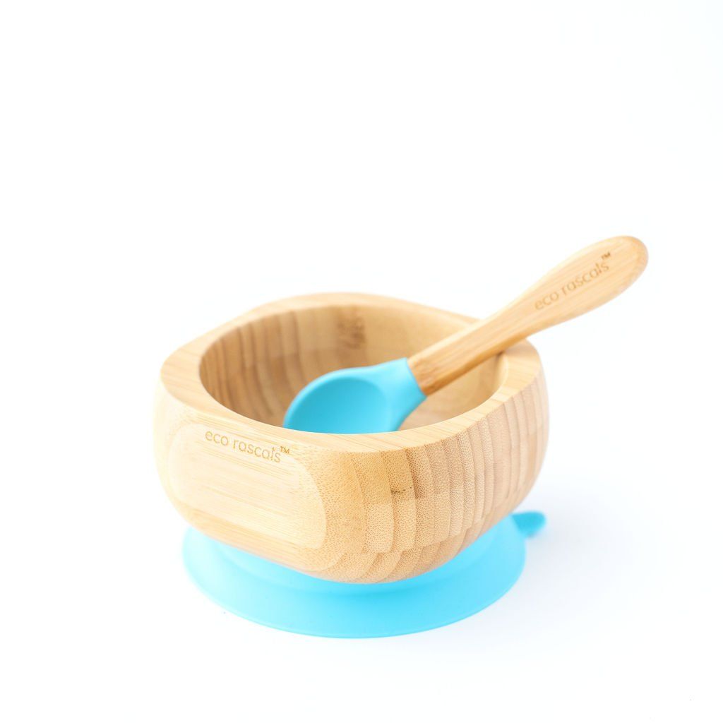 Eco rascals bamboo bowl with pale blue suction base and spoon with pale blue feeder.