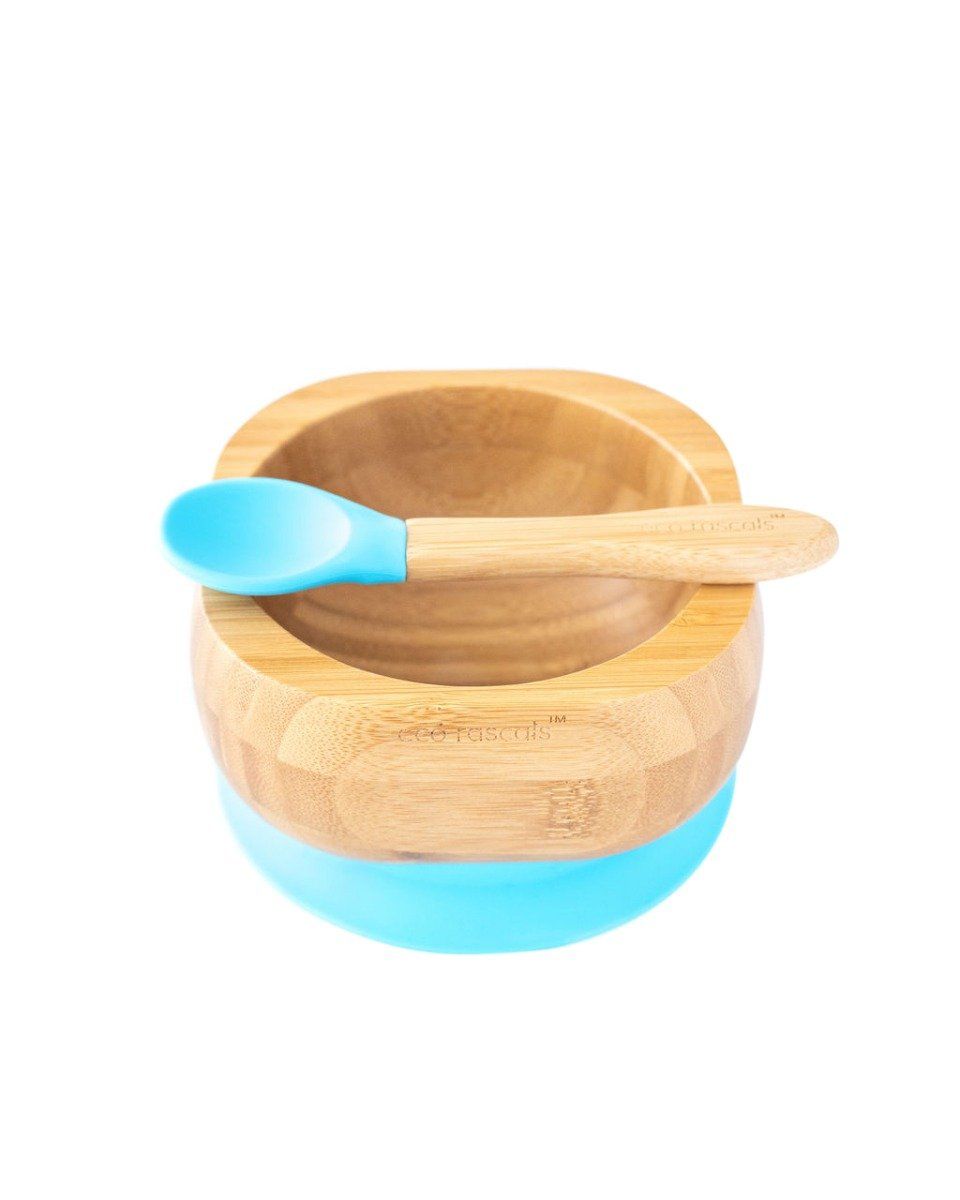 Eco rascals bamboo bowl with pale blue suction base and spoon with pale blue feeder.