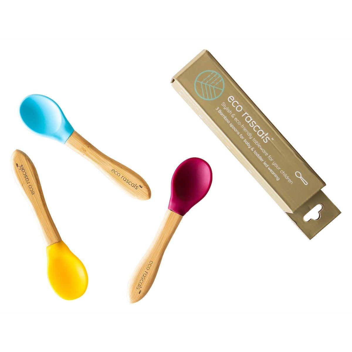 Eco rascals bamboo spoon set in yellow, burgundly and pale blue.