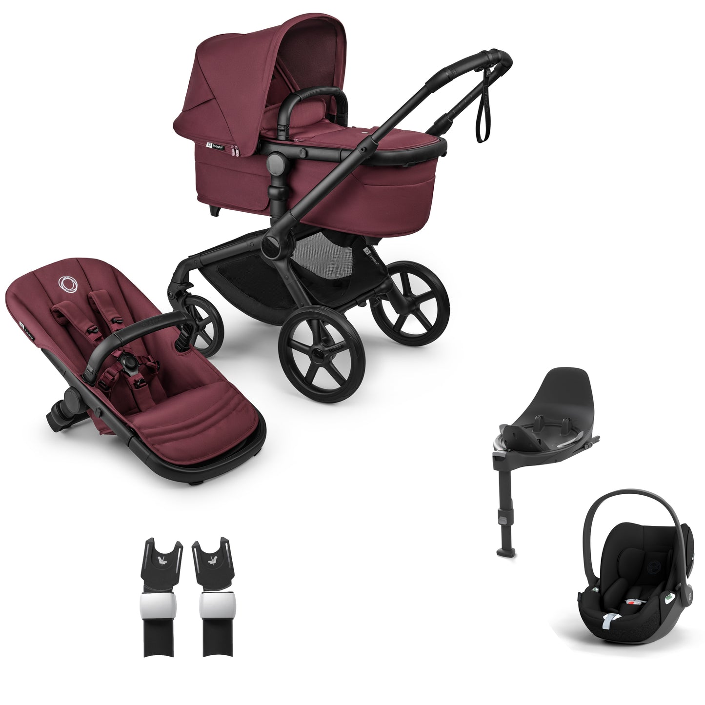 Bugaboo Fox 5 in dark cherry with cloud t car seat and base