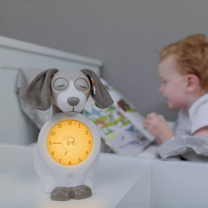 A beige and white dog with a clock in its colour changing belly, while a toddler looks at a book on their bed.