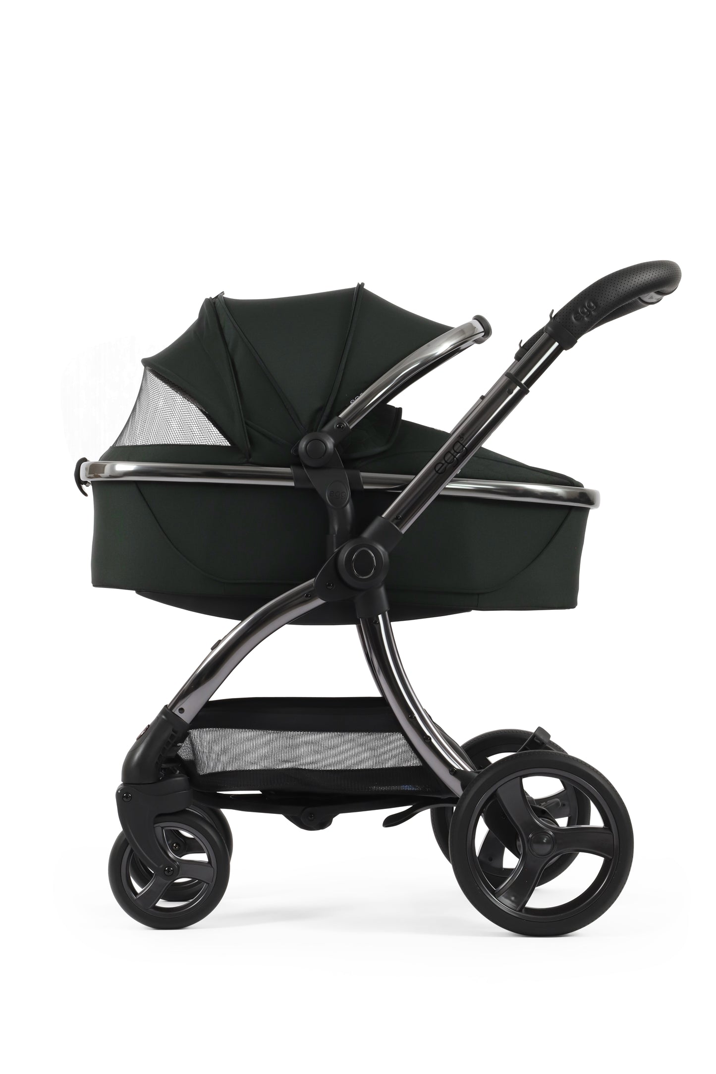 Egg 3 carrycot in black olive side profile with hood folded