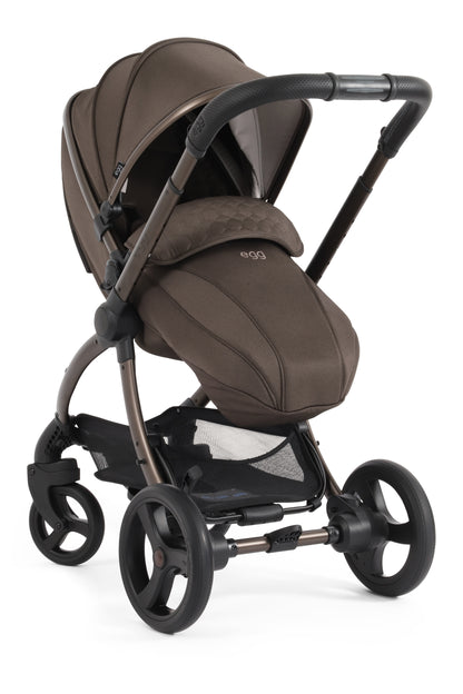 Egg 3 Pushchair & carrycot in chocolate velvet colourway, complete with all babies essential including car seat, tripp trapp highchair, crib and bath.