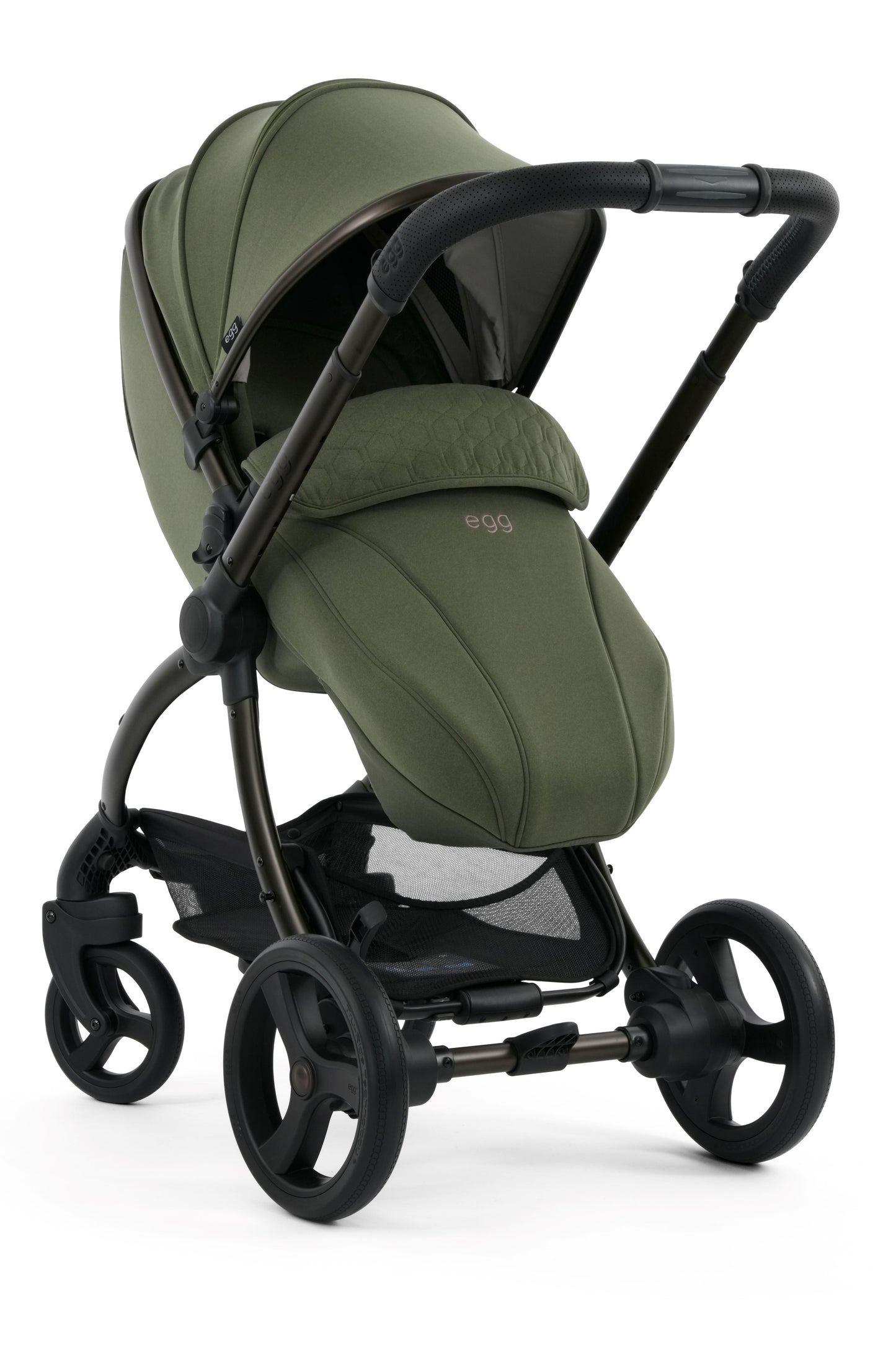 Egg 3 Pushchair & carrycot in Sage Green colourway, complete with all babies essential including car seat, tripp trapp highchair, crib and bath.