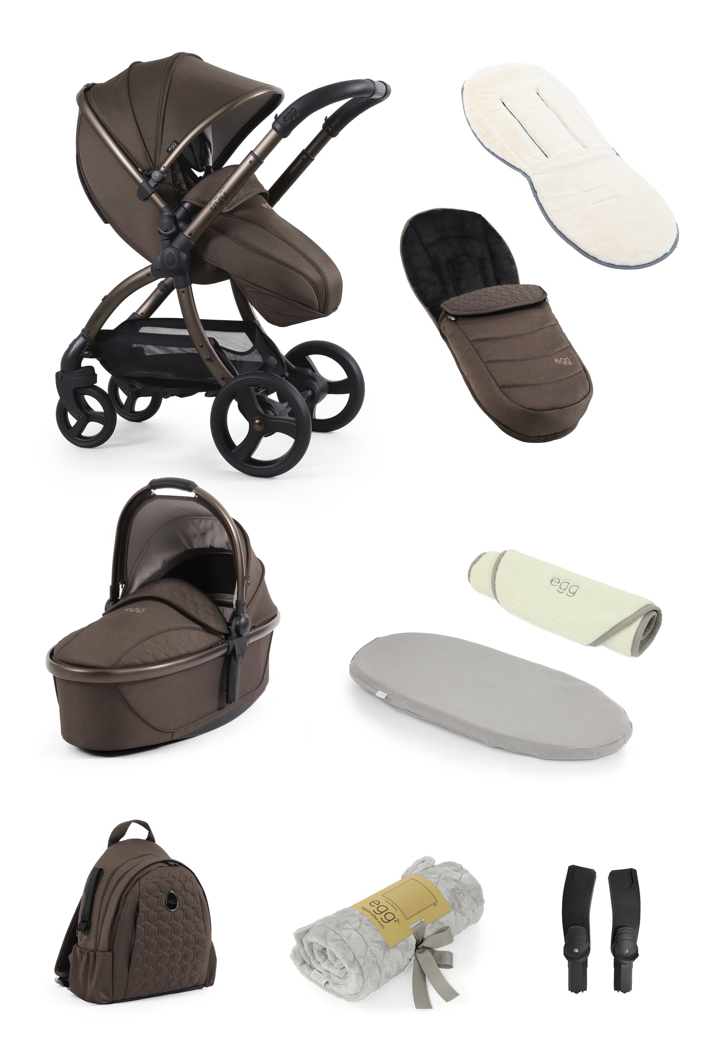 Egg 3 stroller, carrycot and snuggle package accessories in Chocolate Velvet.