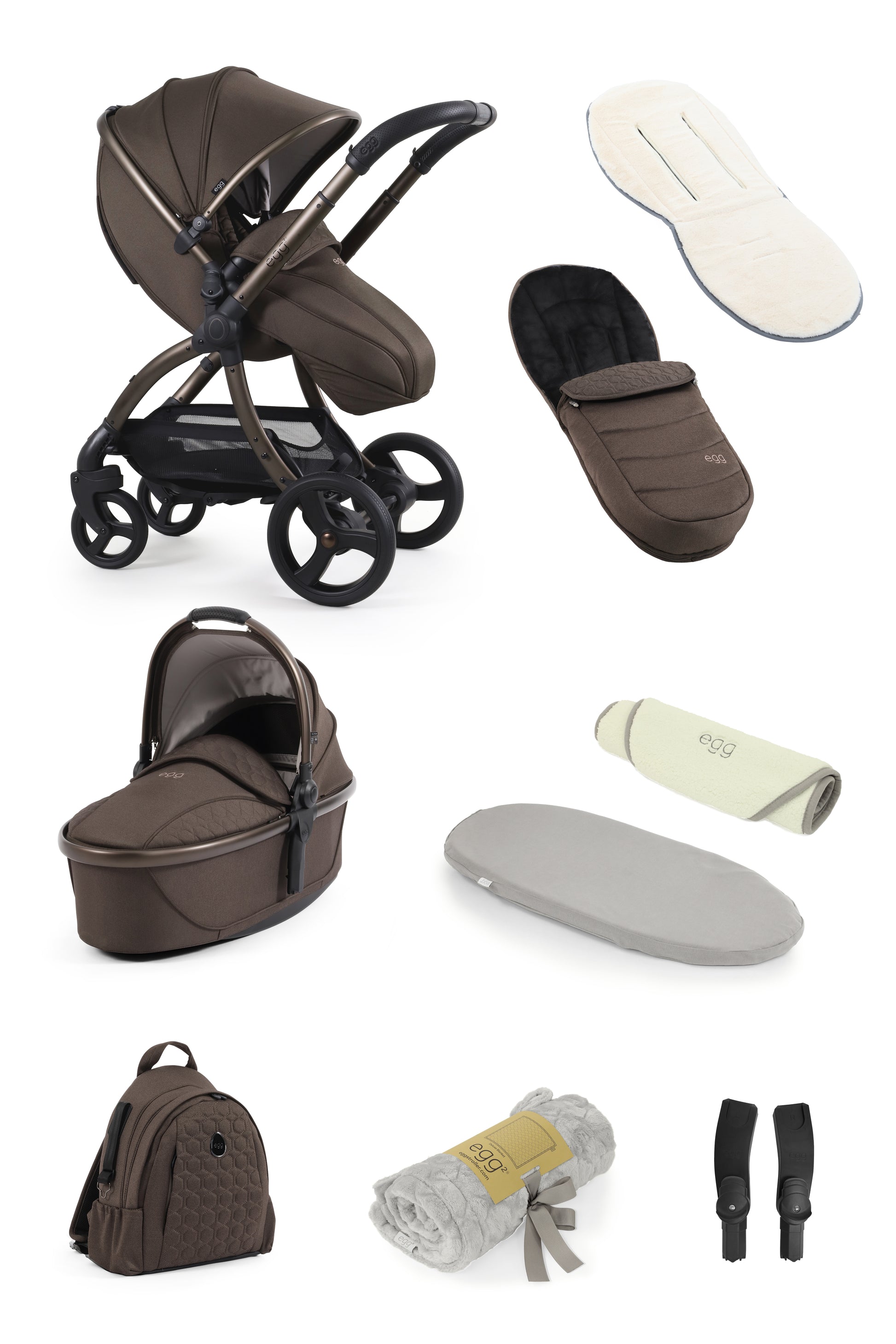 Egg 3 stroller, carrycot and snuggle package accessories in Chocolate Velvet.