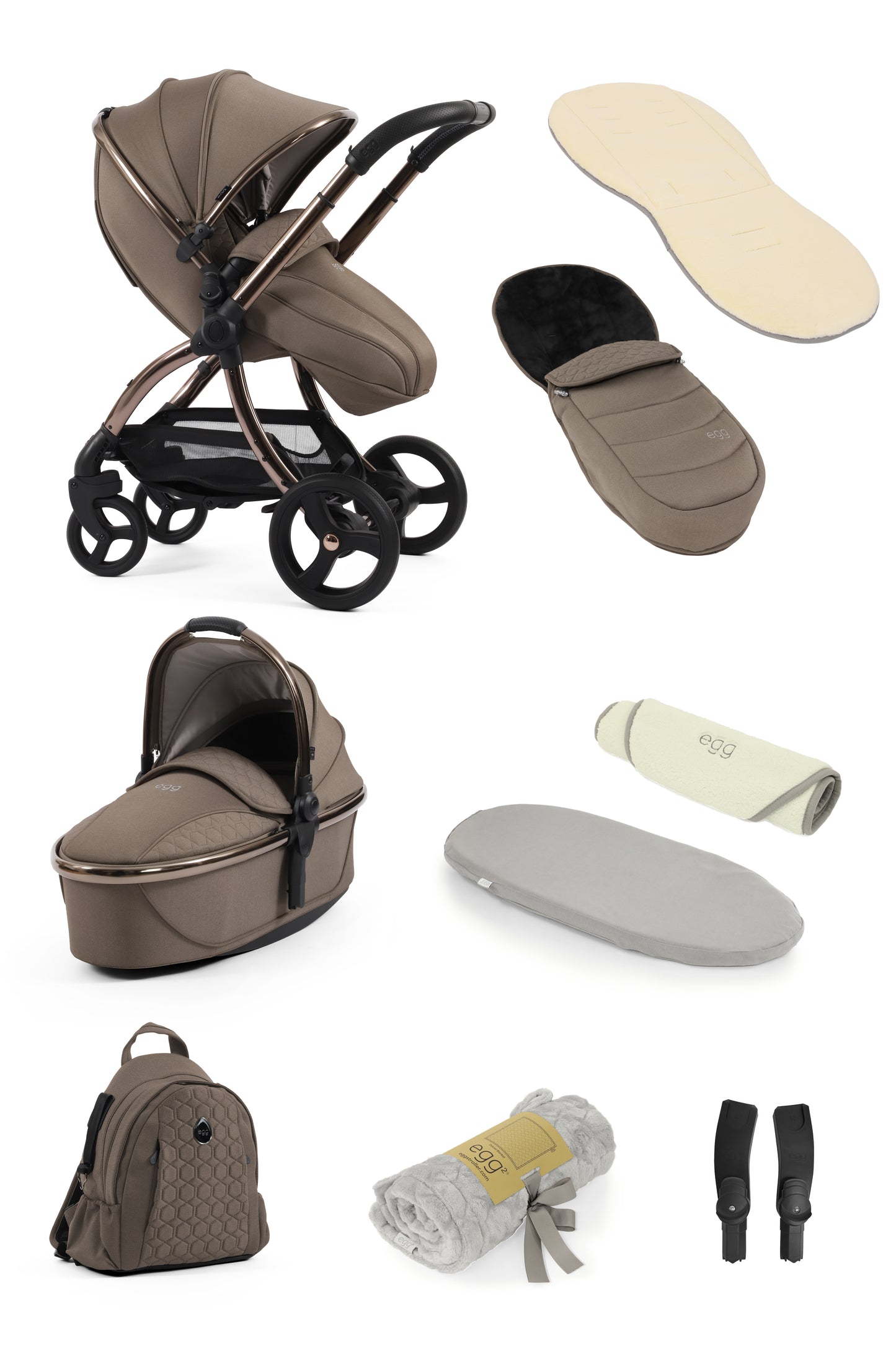 Egg 3 stroller, carrycot and snuggle package accessories in Mink colour.