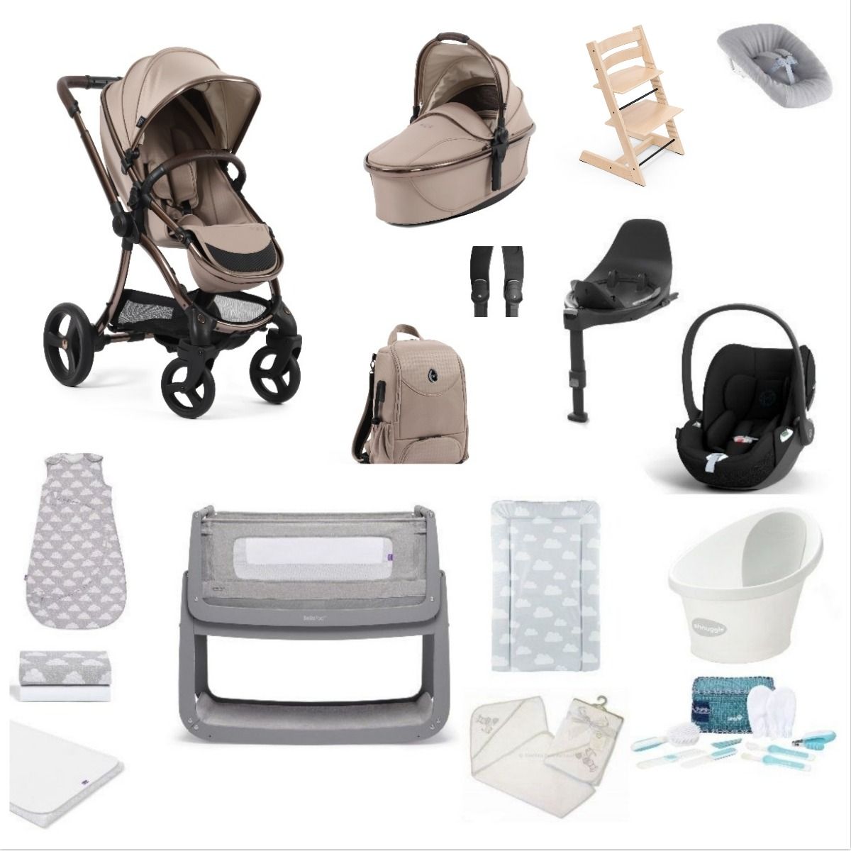 Egg 3 Pushchair & carrycot in houndstooth almond, complete with all babies essential including car seat, tripp trapp highchair, crib and bath.